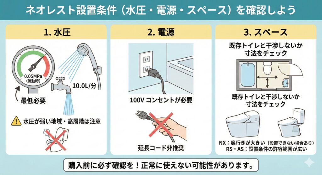 設置条件（水圧・電源・スペース）を確認しよう