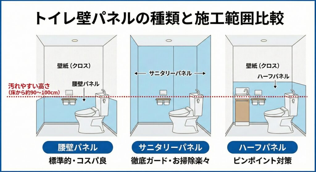 トイレ壁パネルの種類と施工範囲比較