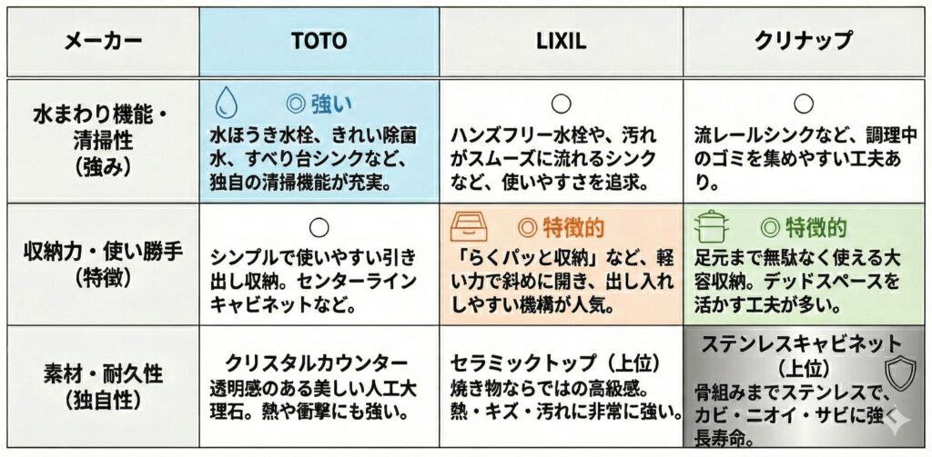 各キッチンメーカーの特徴比較
