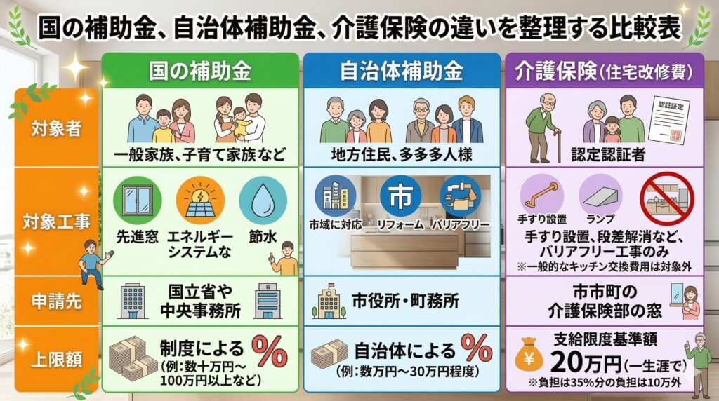 国の補助金、自治体補助金、介護保険の違いを整理する比較表