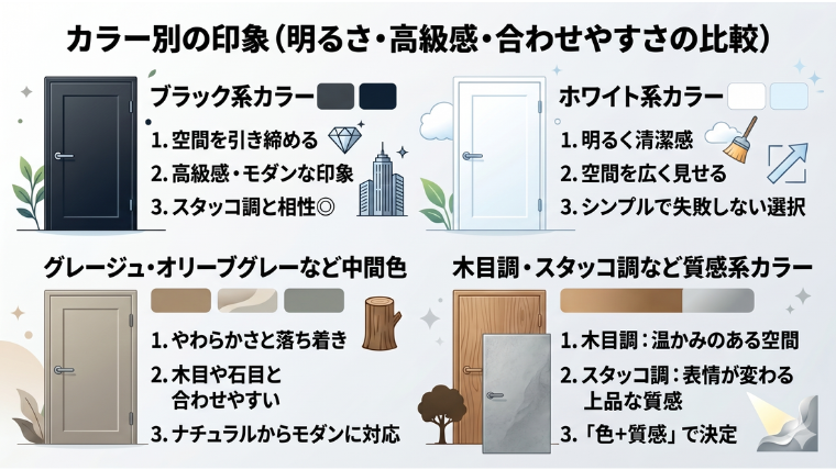 カラー別の印象（明るさ・高級感・合わせやすさの比較）