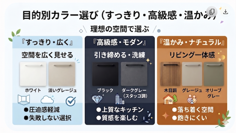 目的別カラー選びマトリクス（すっきり・高級感・温かみ）