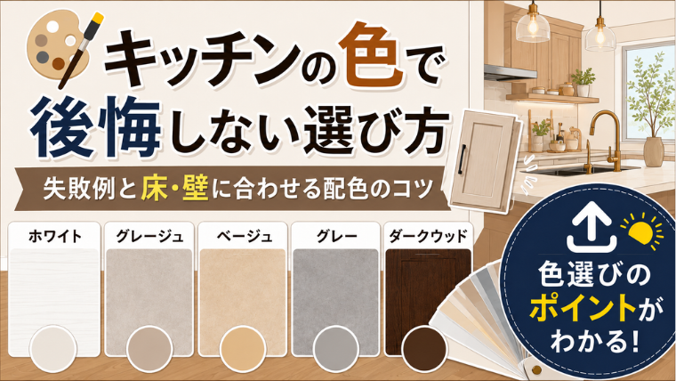 キッチンの色で後悔しない選び方｜失敗例と床・壁に合わせる配色のコツのアイキャッチ画像です。