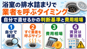 浴室の排水詰まりで業者を呼ぶタイミング｜自分で直せるかの判断基準と費用相場のアイキャッチ画像です。