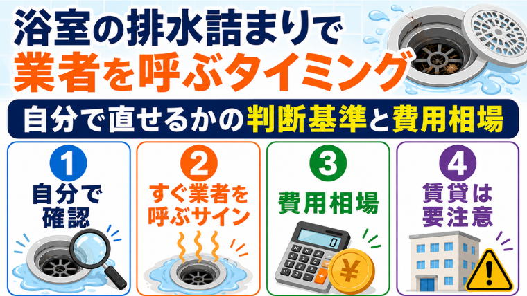浴室の排水詰まりで業者を呼ぶタイミング｜自分で直せるかの判断基準と費用相場のアイキャッチ画像です。