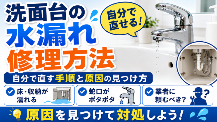洗面台の水漏れ修理方法｜自分で直す手順と原因の見つけ方を解説のアイキャッチ画像です。