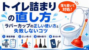 トイレ詰まりの直し方｜ラバーカップ（スッポン）の正しい使い方と失敗しないコツのアイキャッチ画像です。