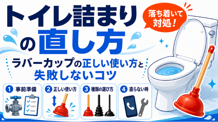 トイレ詰まりの直し方｜ラバーカップ（スッポン）の正しい使い方と失敗しないコツのアイキャッチ画像です。