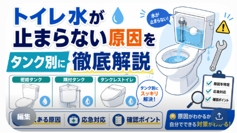 トイレ水が止まらない原因をタンク別に徹底解説 のアイキャッチ画像です。