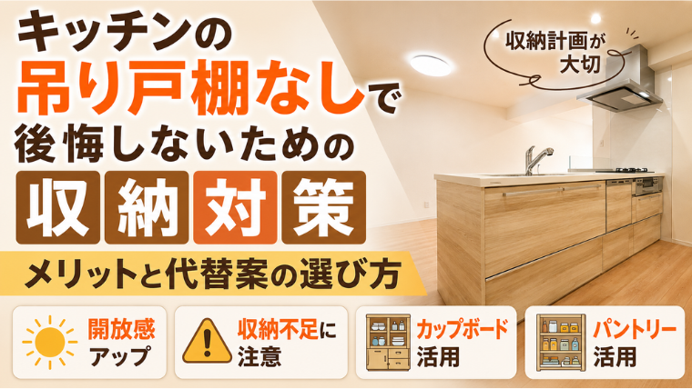 キッチンの吊り戸棚なしで後悔しないための収納対策｜メリットと代替案の選び方のアイキャッチ画像です。