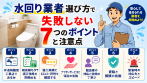 水回り業者選び方で失敗しない7つのポイントと注意点のアイキャッチ画像です。
