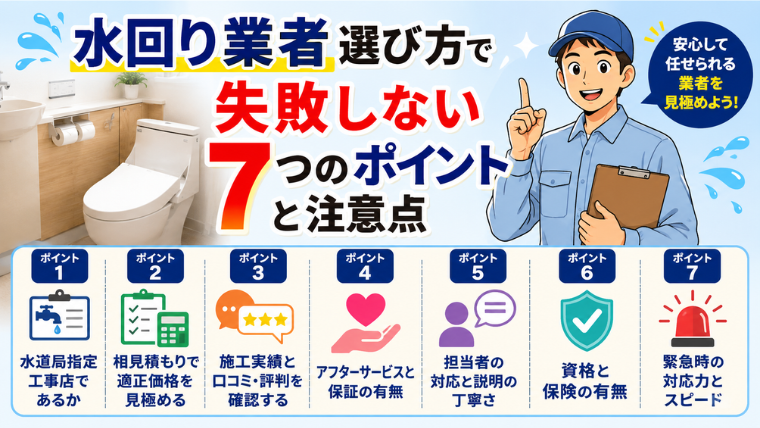 水回り業者選び方で失敗しない7つのポイントと注意点のアイキャッチ画像です。