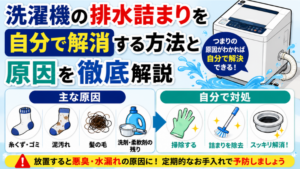 洗濯機の排水詰まりを自分で解消する方法と原因を徹底解説のアイキャッチ画像です。