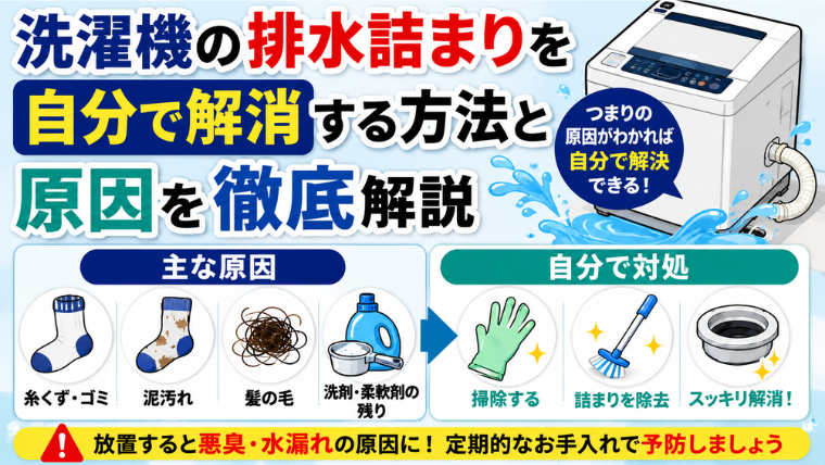 洗濯機の排水詰まりを自分で解消する方法と原因を徹底解説のアイキャッチ画像です。