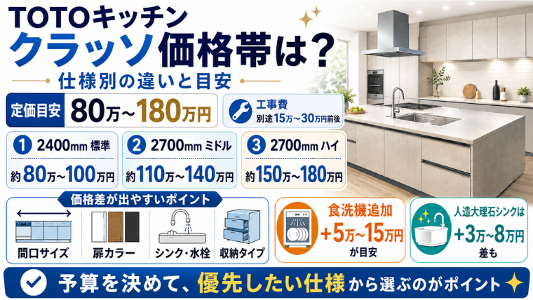 TOTOキッチンクラッソ価格帯は？仕様別の違いと目安のアイキャッチ画像です。