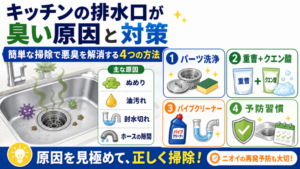 キッチンの排水口が臭い原因と対策｜簡単な掃除で悪臭を解消する4つの方法のアイキャッチ画像です。