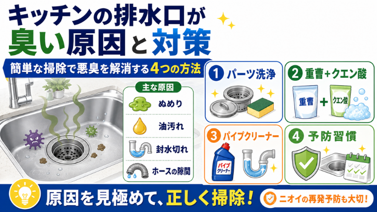 キッチンの排水口が臭い原因と対策｜簡単な掃除で悪臭を解消する4つの方法のアイキャッチ画像です。