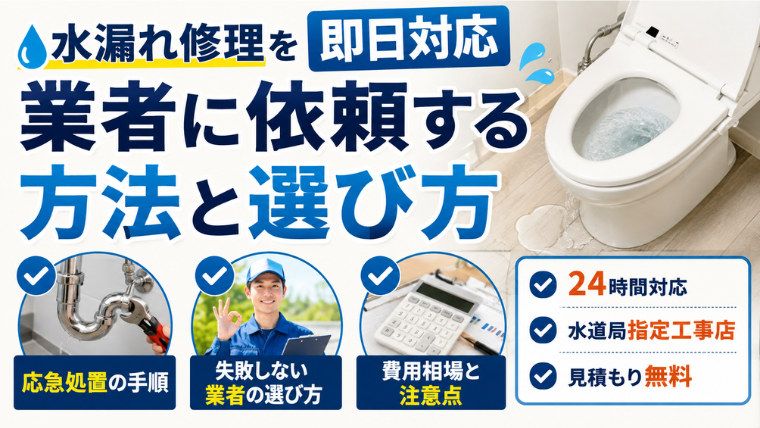 水漏れ修理を即日対応の業者に依頼する方法と選び方のアイキャッチ画像です。