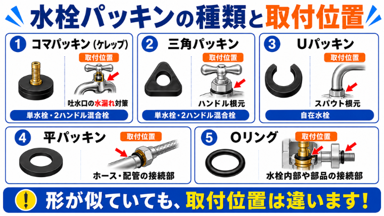 水栓パッキンの種類と取り付け位置