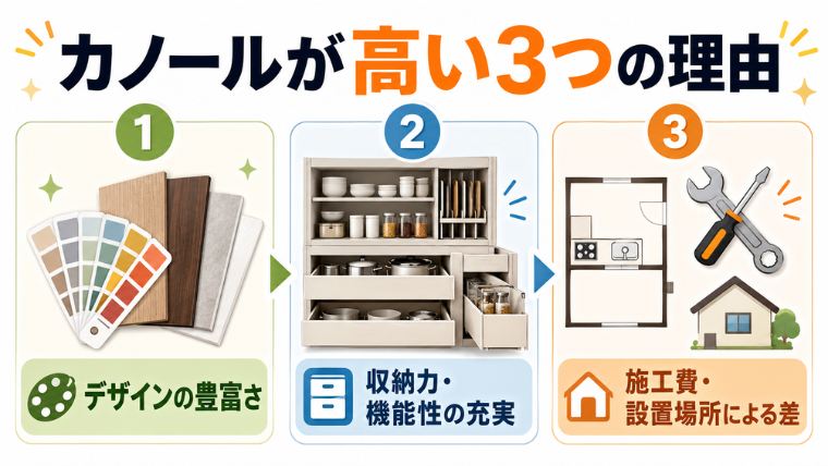 【条件】
PNG
日本語のインフォグラフィック画像
横長(16:9)
文字はなるべく少なくしてスマホでの可読性を担保する。
文字は大きく出して下さい。

【タイトル】： カノールが高い3つの理由 
【内容】：「デザインの豊富さ」「収納力・機能性の充実」「施工費・設置場所による差」の3つを、カノールが高いといわれる理由として分かりやすく示す3ポイント図。 
タイトルも作成して下さい。
