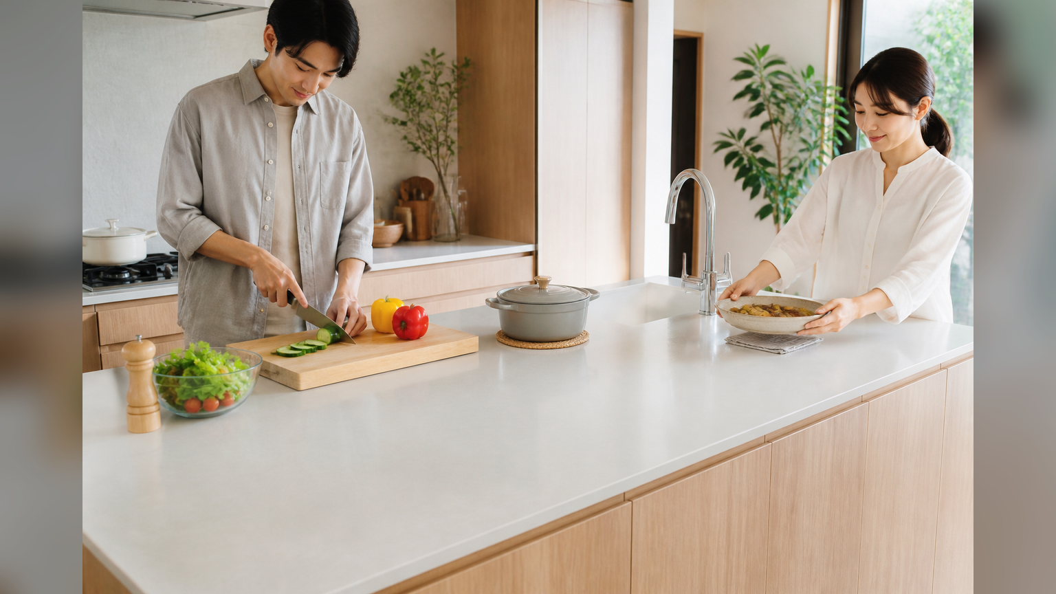 まな板と鍋敷きを使い、食器を持ち上げて傷を防ぐキッチン