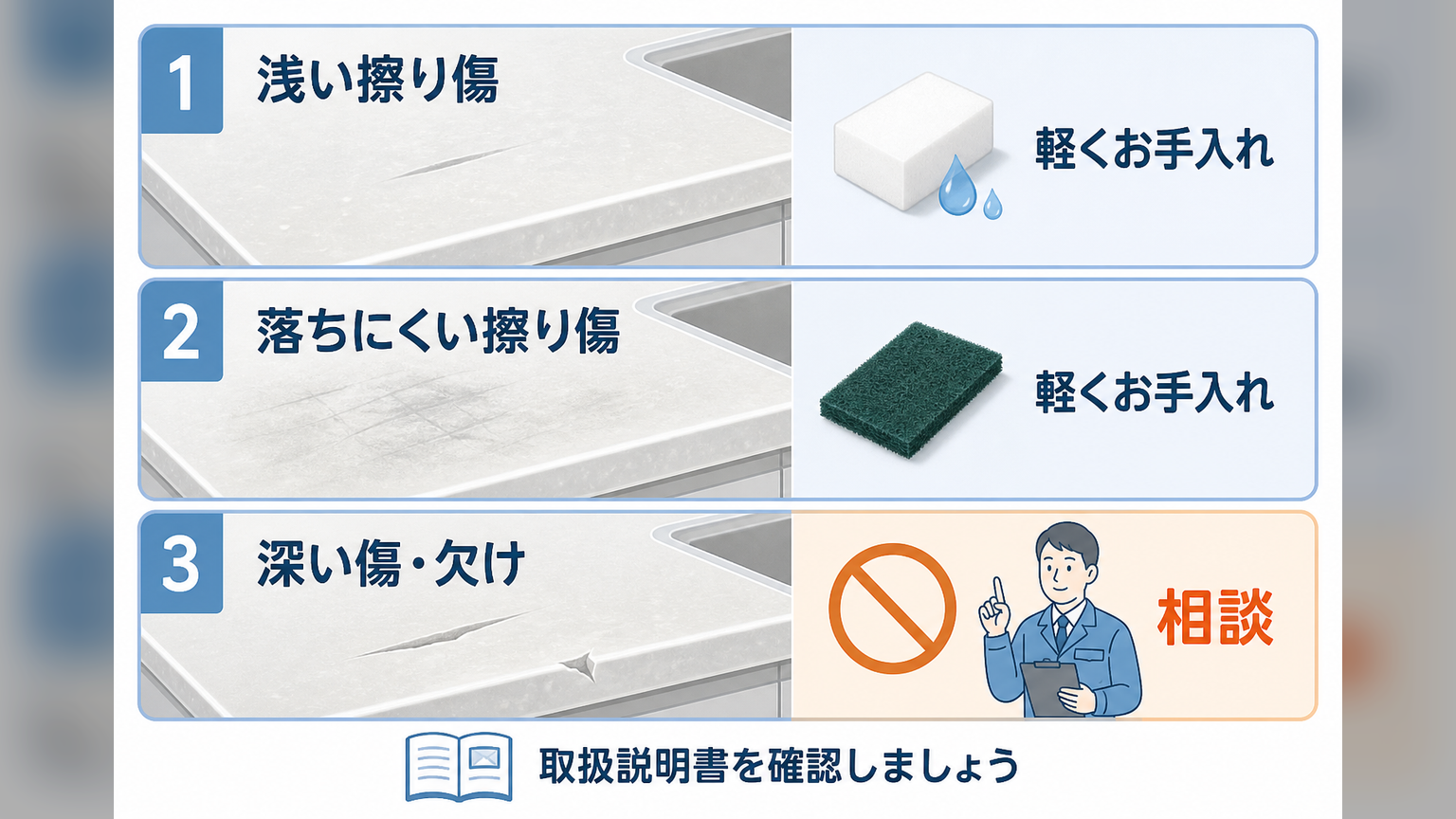 クリスタルカウンターの傷の程度別に適切な対処法を示す図