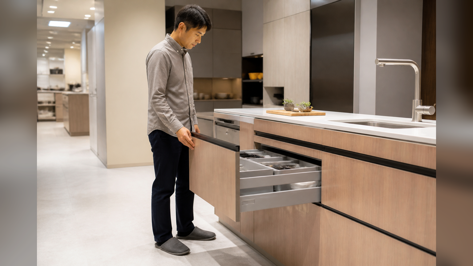 キッチンショールームで引き出しの開閉感を確かめる人