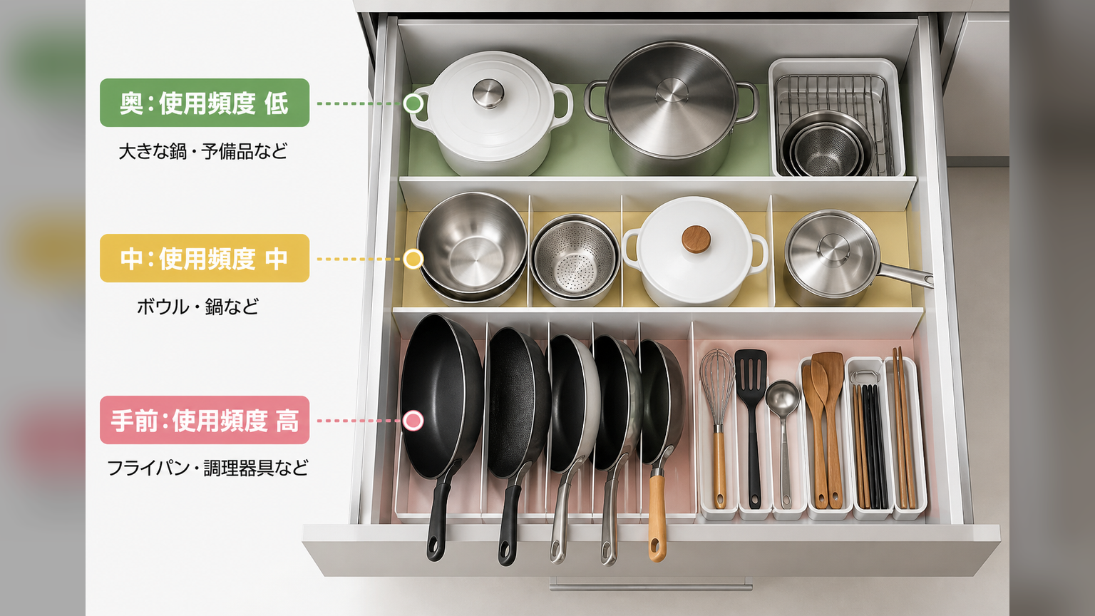 深い引き出しを使用頻度別に手前・中間・奥へ分け、調理器具を立てて収納する図