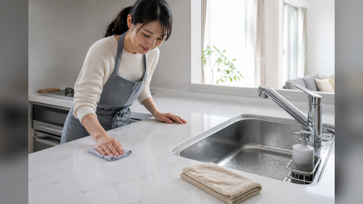 白い人造大理石カウンターをやわらかい布で水拭きする様子